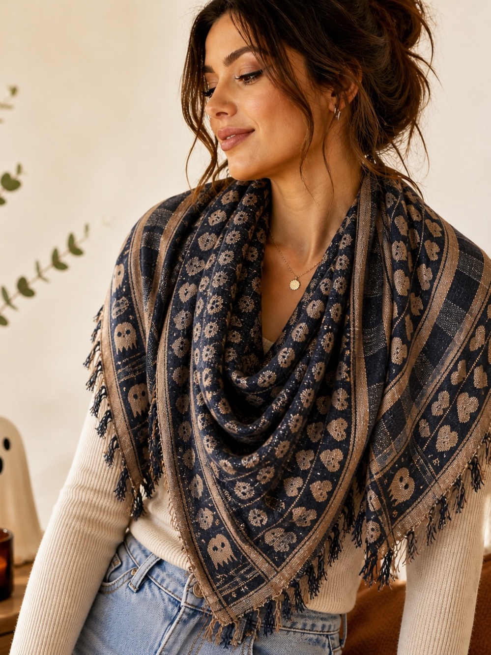 Ghost & Heart Print Square Scarf 32” Boho Neutral Wrap Anthropologie Vibe